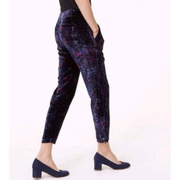 LOFT Slim Paisley Floral Print Dark Navy Blue Velvet Pants - Sz 6 - Picture 6 of 12
